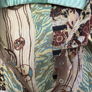 Mixed Floral & Stripe Button-Front Top in Teal, Brown & Cream Size PL